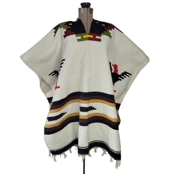 Vintage Mexican wool poncho with thunderbirds - Picture 2 of 11